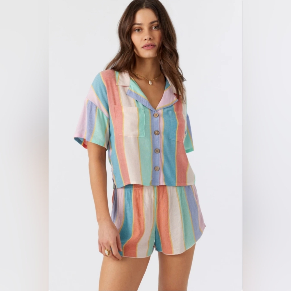 O'Neill Ophelia Camp Shirt Button Up Crop Top Colorful Stripes XS Resort Beach
